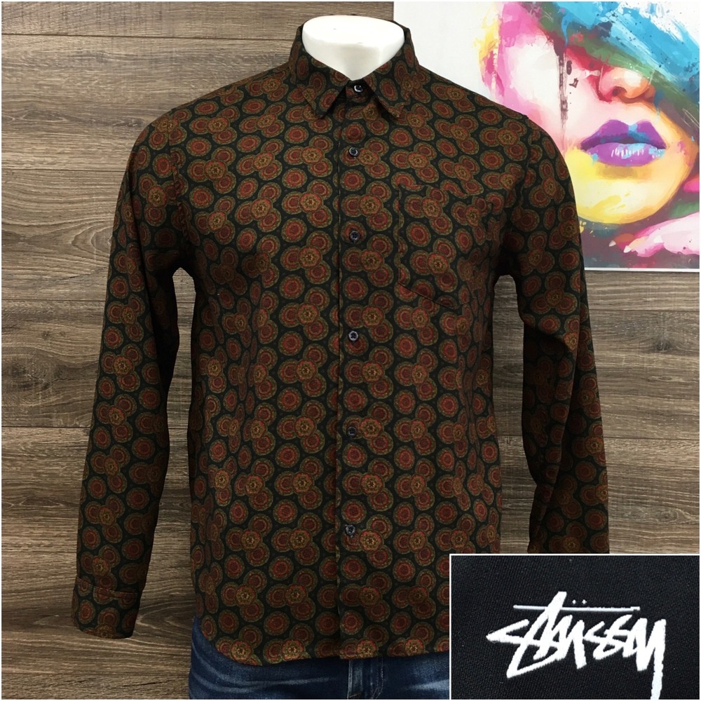 Stussy Mens Mandala Medallion Print Long Sleeve Button Down Shirt Black Size‎ M